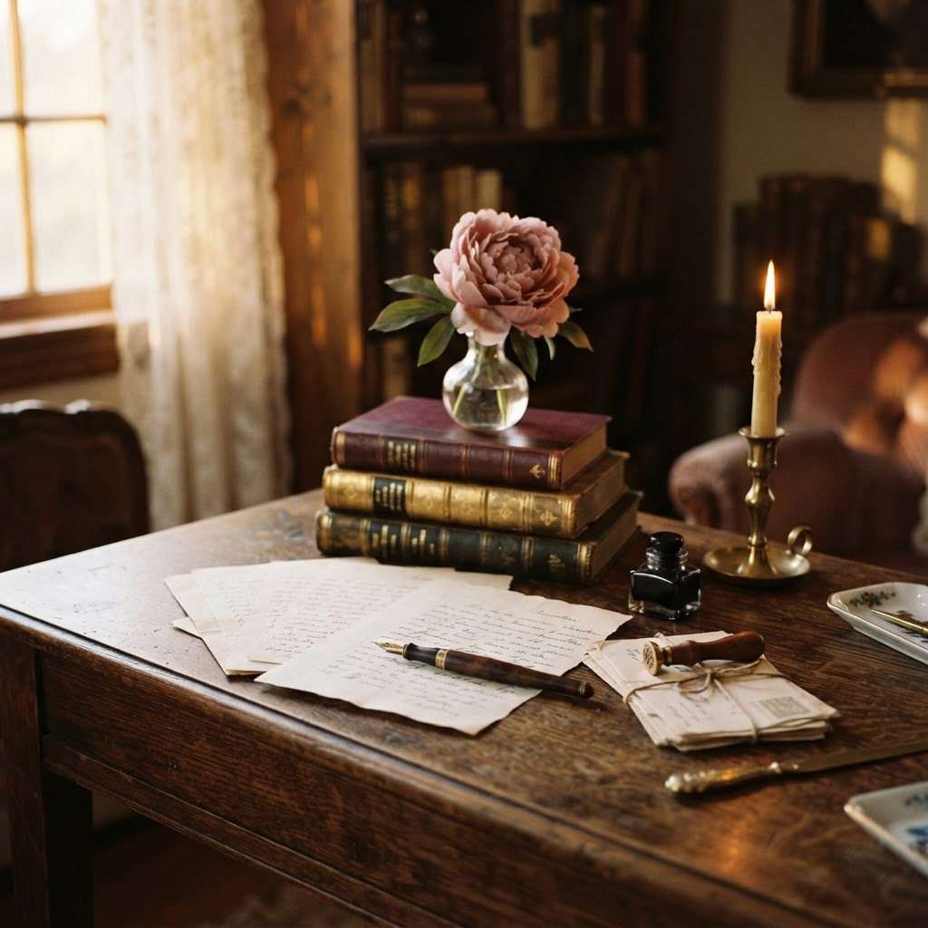 An antique writing desk with a fountain pen, letters, and leather-bound books